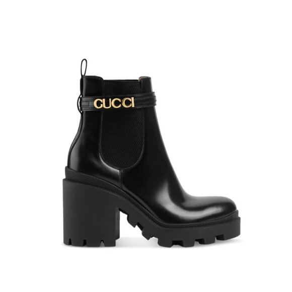 Gucci Trip Ankle Logo Plaque Boots Womens 41.5 11.5 Black Leather Chelsea Combat - Picture 15 of 15